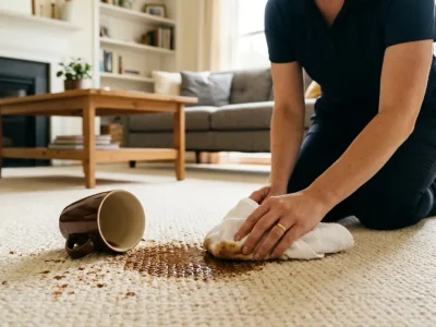 How to get coffee stains out of carpet: a spilled coffee mug on a cream carpet with a brown stain