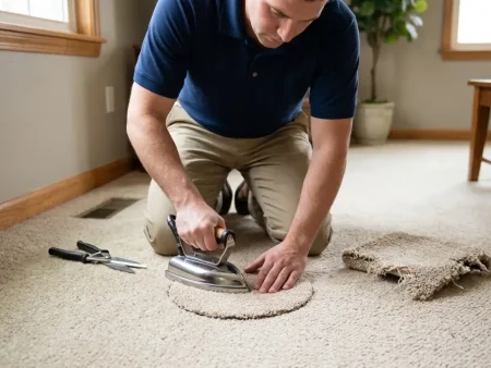 How to patch carpet: a technician pressing a neatly cut carpet patch into place with a seam iron