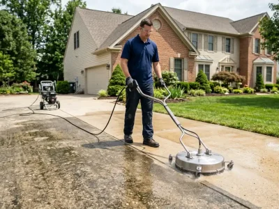 How to pressure wash a driveway: a concrete driveway half cleaned with a surface cleaner showing a crisp clean stripe beside dark weathered concrete