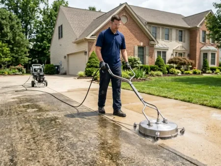 How to pressure wash a driveway: a concrete driveway half cleaned with a surface cleaner showing a crisp clean stripe beside dark weathered concrete