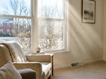 How to reduce dust in house: sunbeams through a living-room window showing floating dust particles