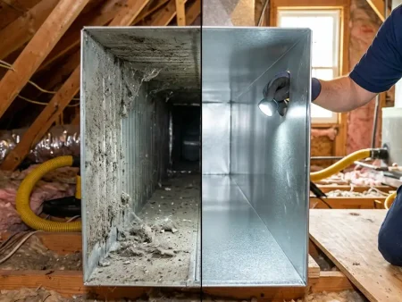 Is air duct cleaning worth it: split view inside a supply duct, one half dusty and gray, the other half clean metal