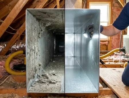 Is air duct cleaning worth it: split view inside a supply duct, one half dusty and gray, the other half clean metal
