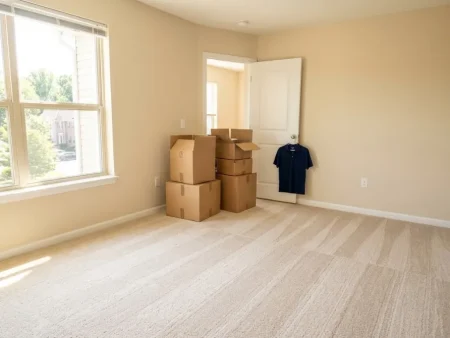Move out carpet cleaning: an empty bright apartment bedroom with freshly cleaned carpet showing even vacuum lines