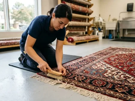 Oriental rug cleaning: a richly patterned red and navy oriental rug laid flat on a clean workshop floor