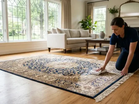 Silk rug cleaning: a shimmering silk area rug in a bright, elegant living room