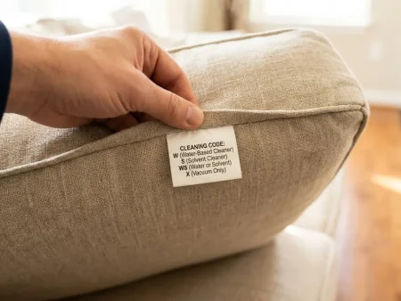 Upholstery cleaning codes: close-up of a hand lifting a fabric care tag under a sofa cushion