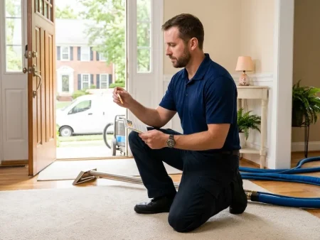 What is IICRC certification: a professional carpet cleaning technician in a navy polo beside a truck-mounted hose in a bright home entryway